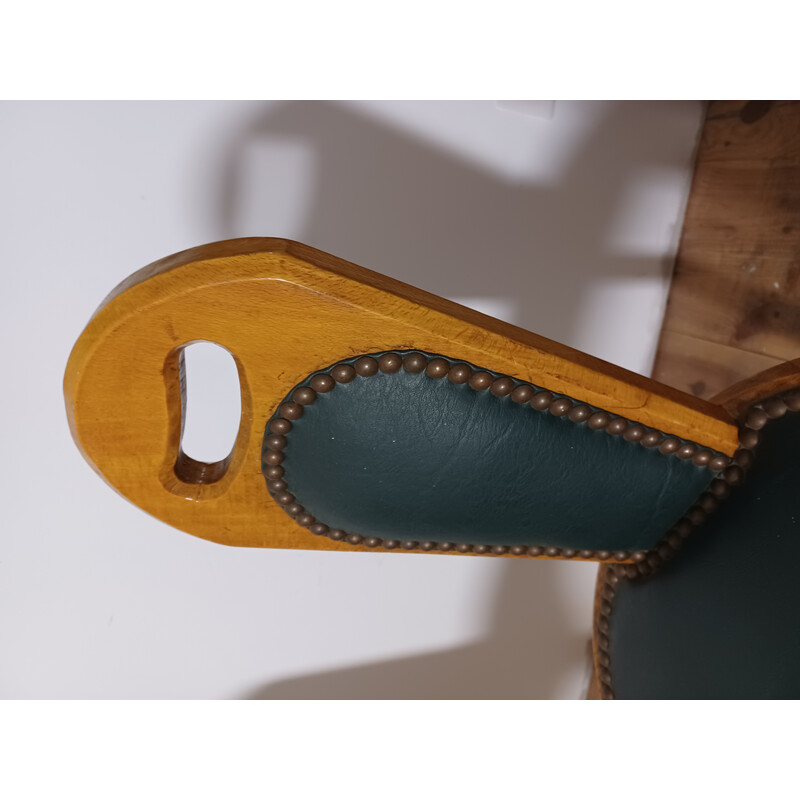 Pair of vintage Brutalist chairs in solid ashwood and green leather, 1950