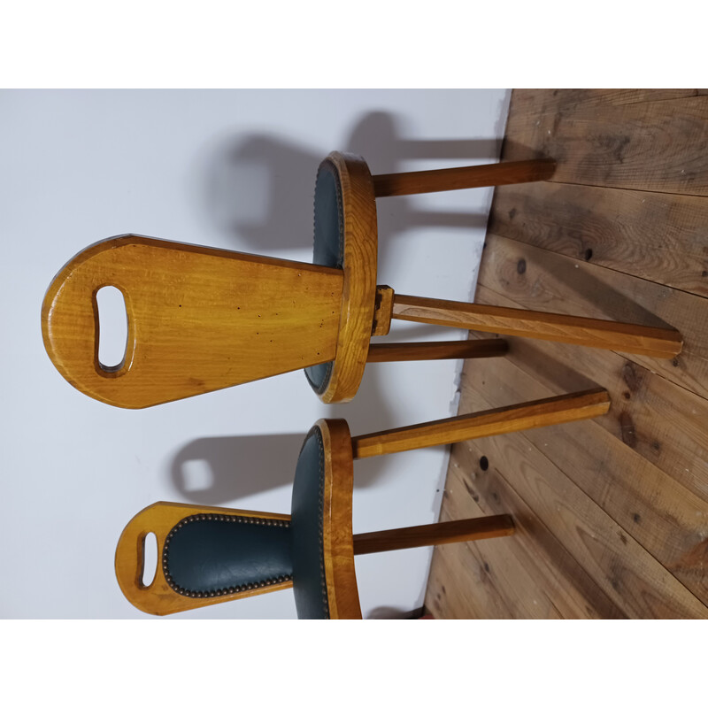 Pair of vintage Brutalist chairs in solid ashwood and green leather, 1950