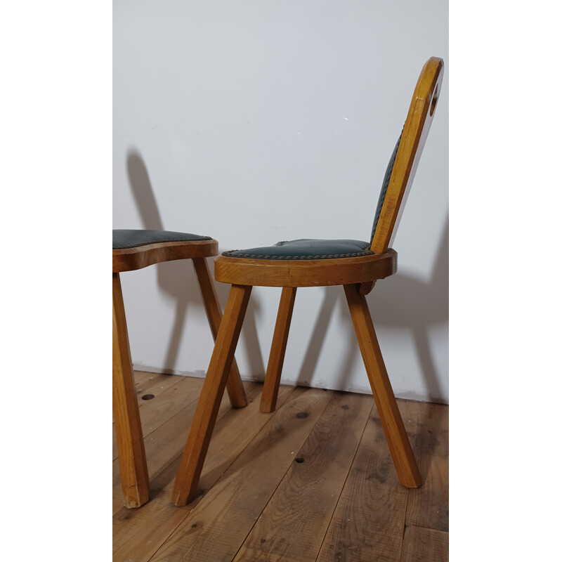 Pair of vintage Brutalist chairs in solid ashwood and green leather, 1950