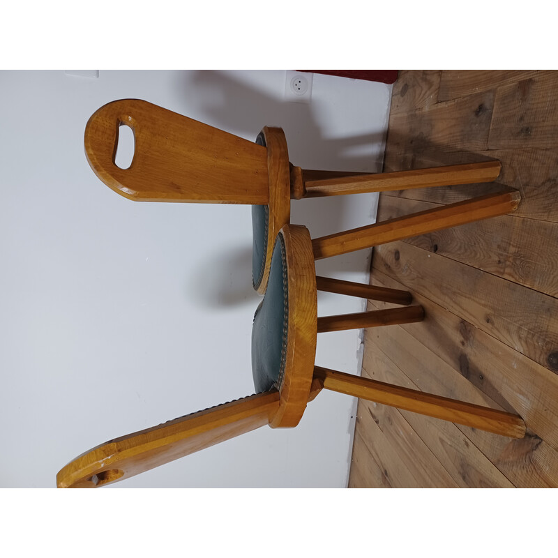 Pair of vintage Brutalist chairs in solid ashwood and green leather, 1950