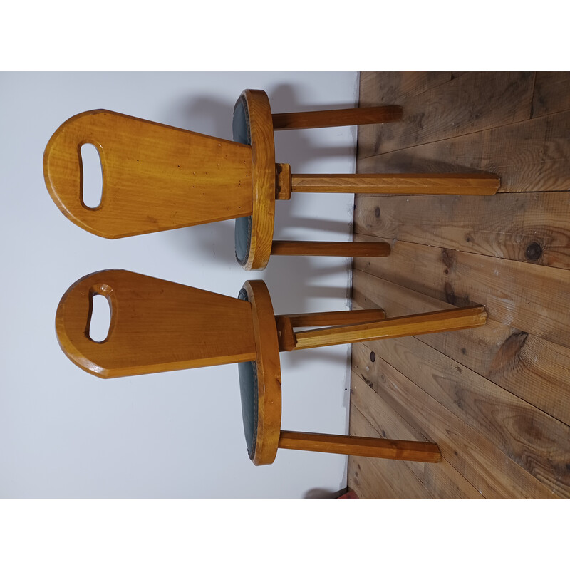 Pair of vintage Brutalist chairs in solid ashwood and green leather, 1950