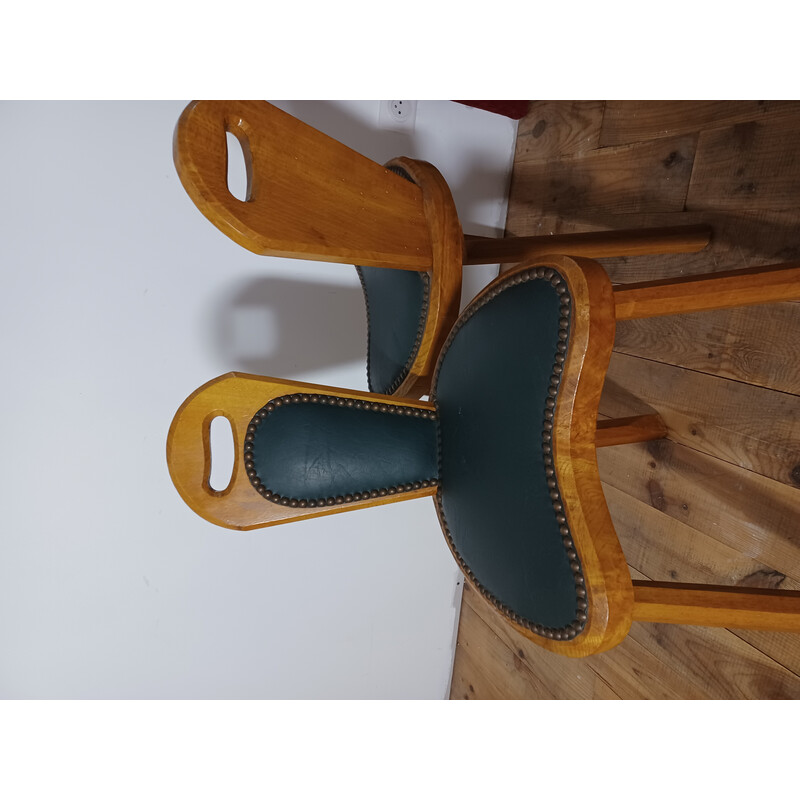 Pair of vintage Brutalist chairs in solid ashwood and green leather, 1950