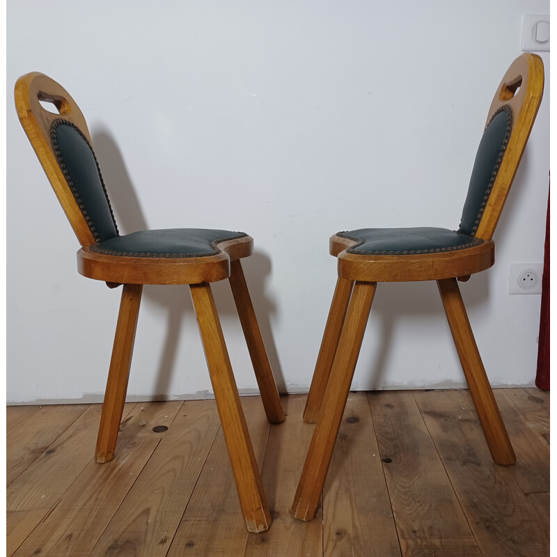 Pair of vintage Brutalist chairs in solid ashwood and green leather, 1950