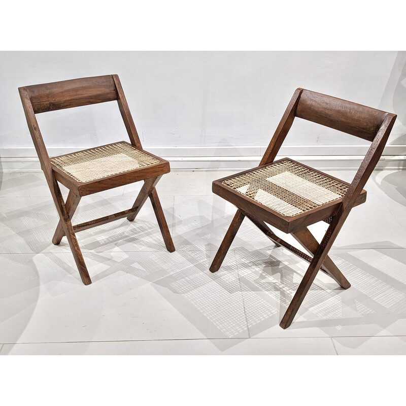 Ein Paar Vintage-Stühle "Library" aus Teakholz und Rohrgeflecht von Pierre Jeanneret, Indien 1960