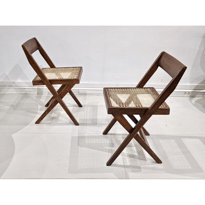 Paar vintage teak en rieten "Bibliotheek" stoelen van Pierre Jeanneret, India 1960