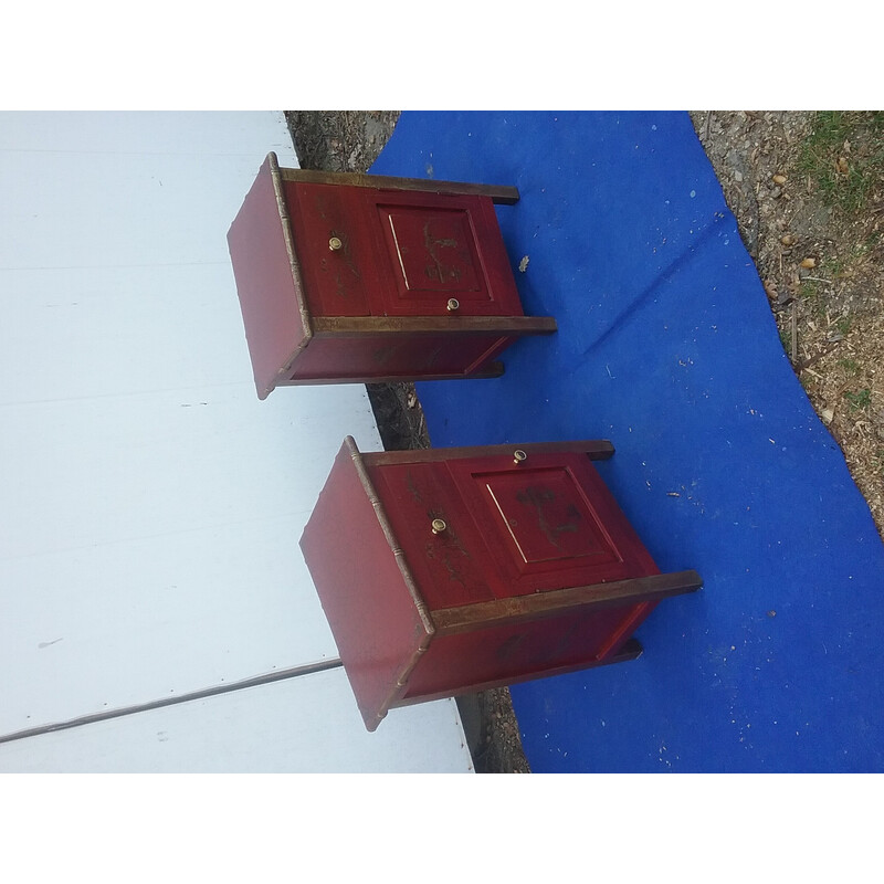 Pair of vintage night stands in red and brass