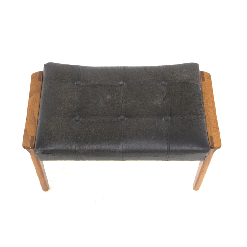 Vintage teak and black leatherette footrest for Bröderna Andersson, Sweden 1960s