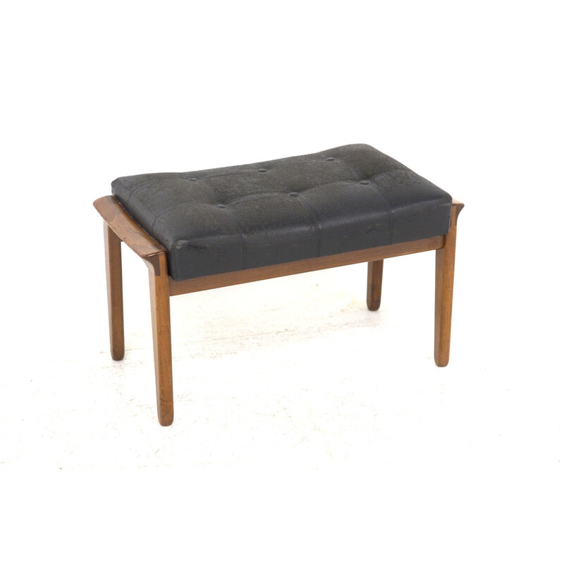 Vintage teak and black leatherette footrest for Bröderna Andersson, Sweden 1960s