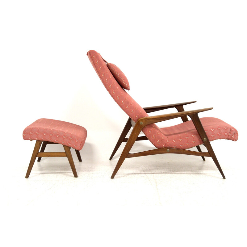 Vintage armchair with footrest in teak and fabric, Sweden 1960s