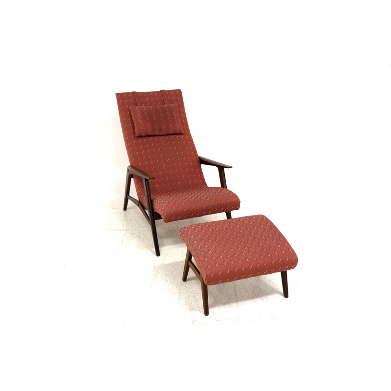 Vintage armchair with footrest in teak and fabric, Sweden 1960s