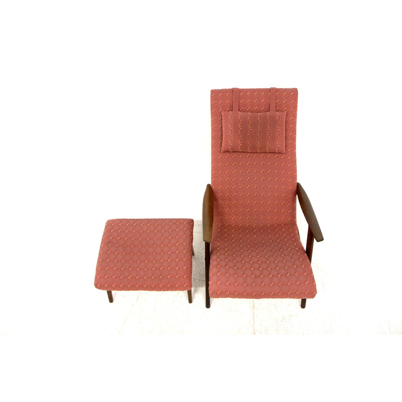 Vintage armchair with footrest in teak and fabric, Sweden 1960s