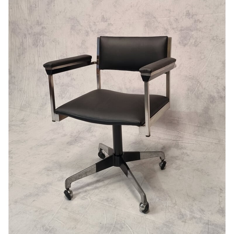 Cadeira de escritório em metal cromado Vintage e couro preto, Alemanha 1960