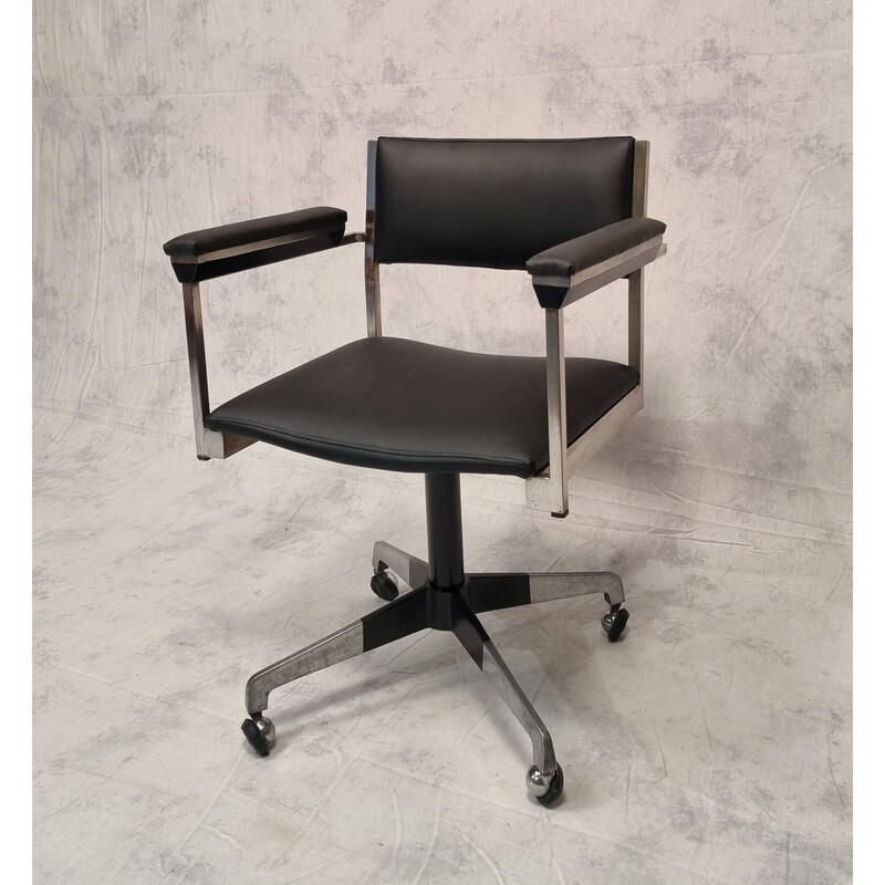 Vintage chrome-plated metal and black leatherette desk chair, Germany 1960s