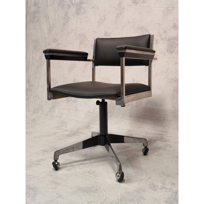 Vintage chrome-plated metal and black leatherette desk chair, Germany 1960s