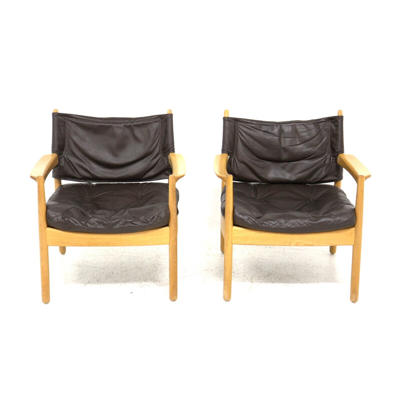 Paire de fauteuils vintage en chêne et cuir, Suède 1960