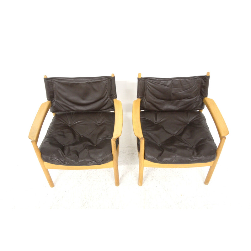 Pair of vintage oak and leather armchairs, Sweden 1960s