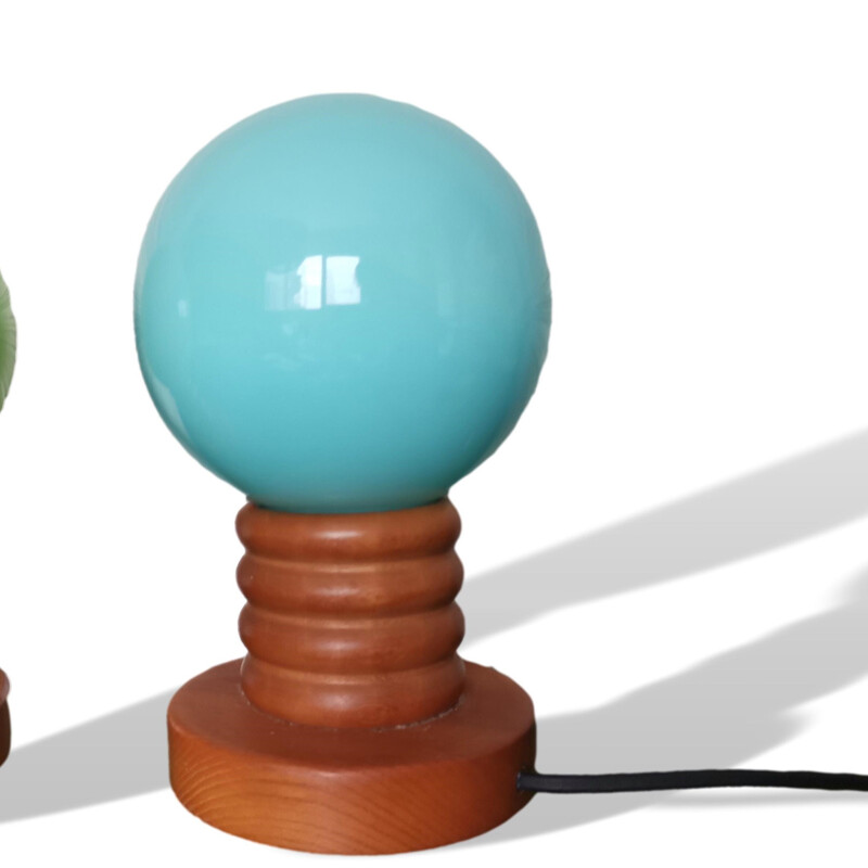 Pair of vintage table lamps in wood, colored glass and plastic, Portugal 1970s