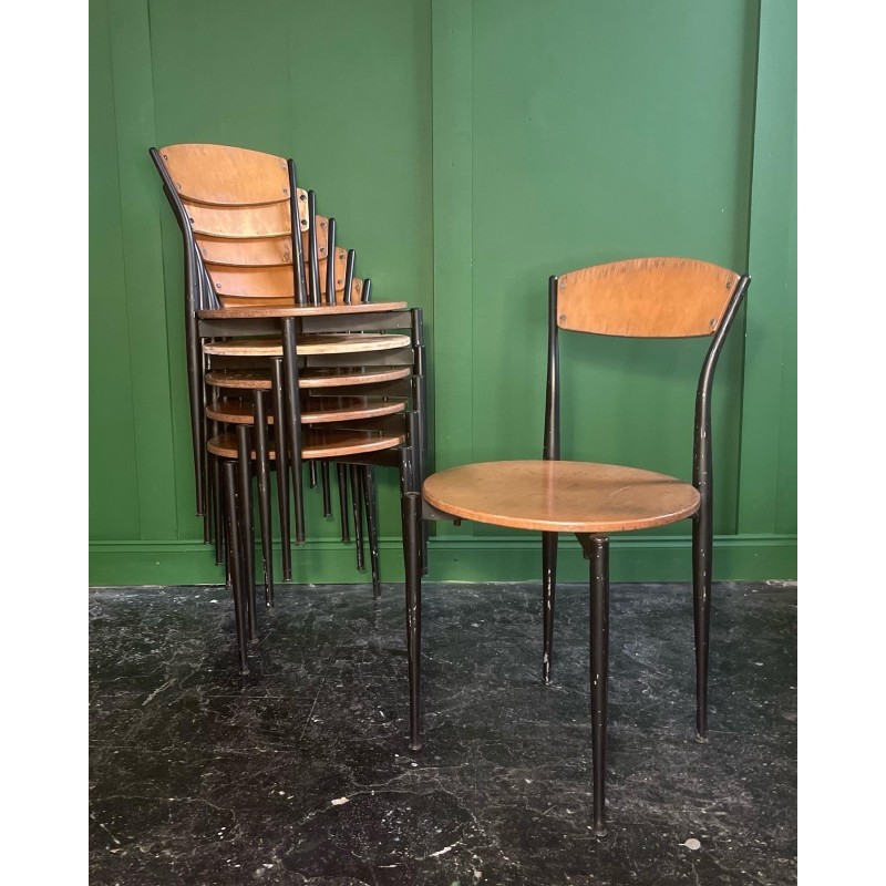 Satz von 6 stapelbaren Vintage-Esszimmerstühlen von Mullca, Frankreich 1960er Jahre