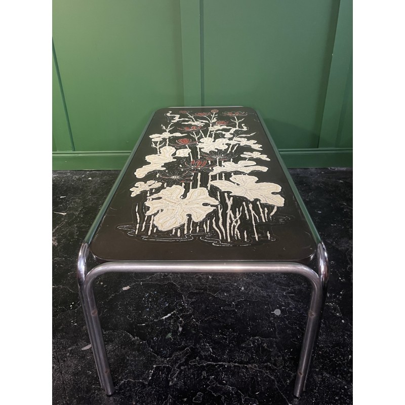 Vintage tubular chrome coffee table with embossed floral patterned top, 1970s