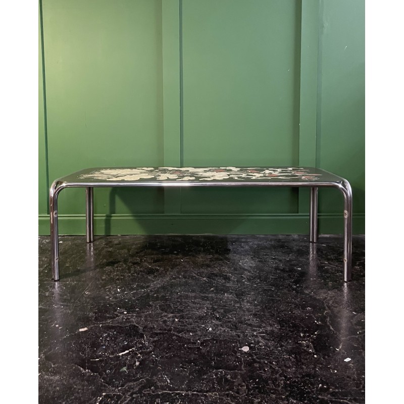 Vintage tubular chrome coffee table with embossed floral patterned top, 1970s