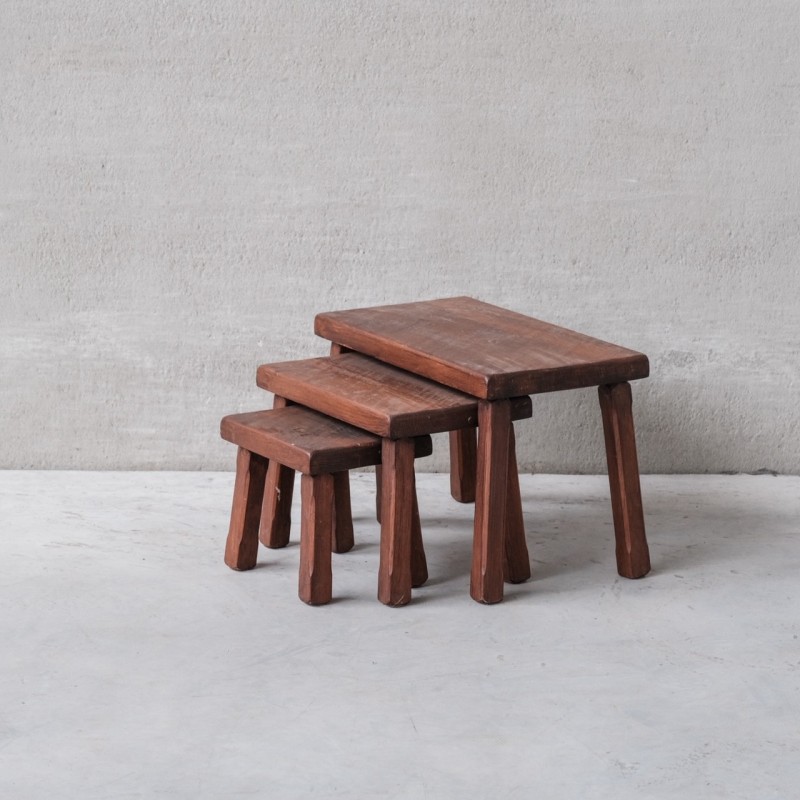 Mid-century dark oakwood nesting tables, Belgium 1970s