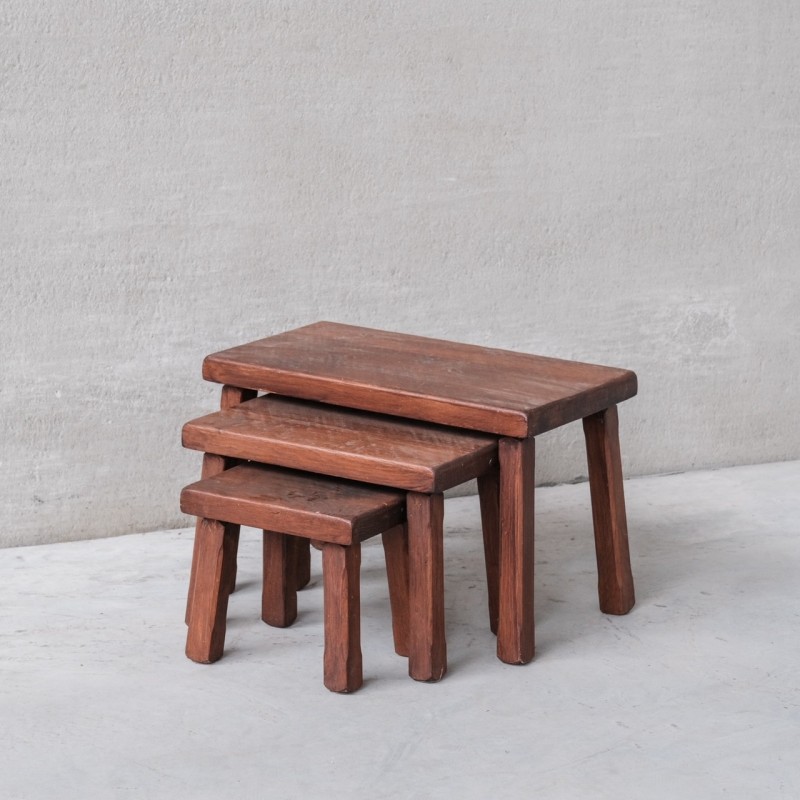 Mid-century dark oakwood nesting tables, Belgium 1970s