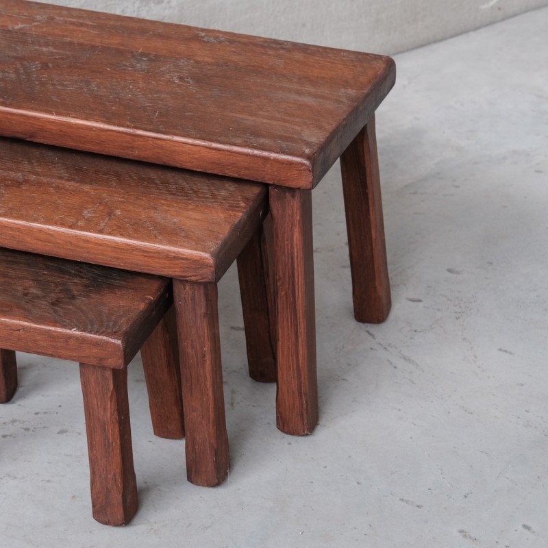 Mid-century dark oakwood nesting tables, Belgium 1970s