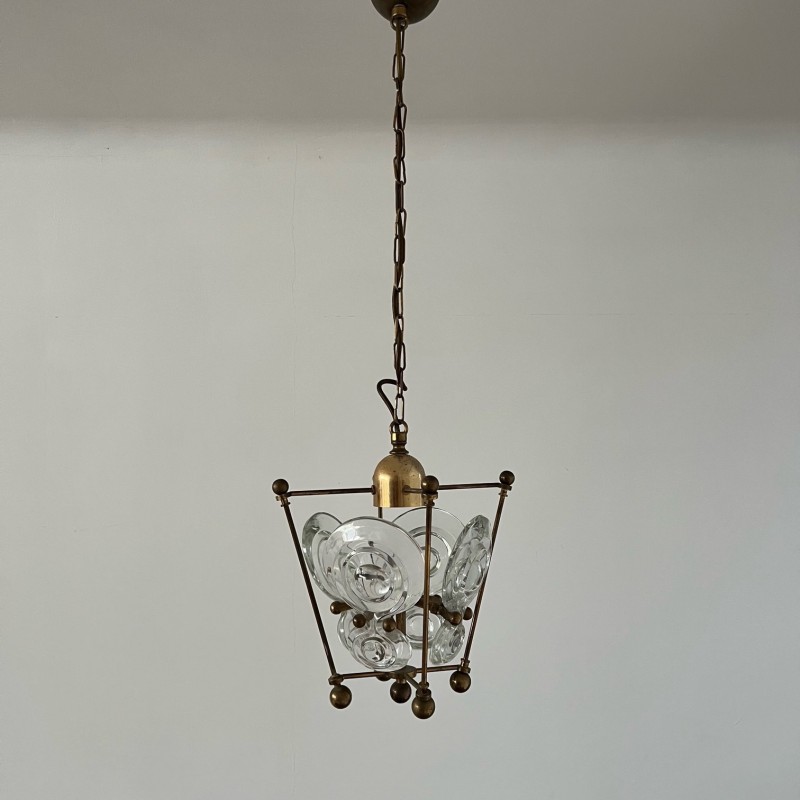 Vintage hanglamp van messing en glas, Zweden 1960