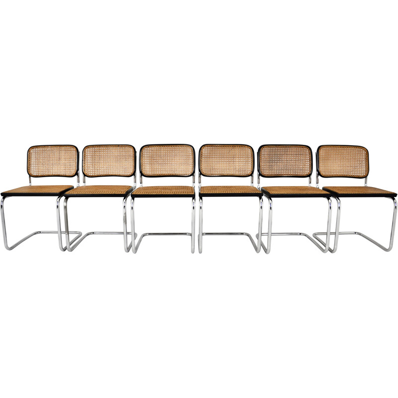Set of 6 vintage chairs in chromed metal, black wood and rattan by Marcel Breuer for Gavina, 1980s