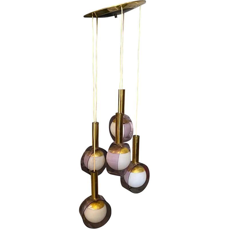 Vintage cascade chandelier in brass, pink plexiglass and glass for Stilux Milano, Italy 1970s