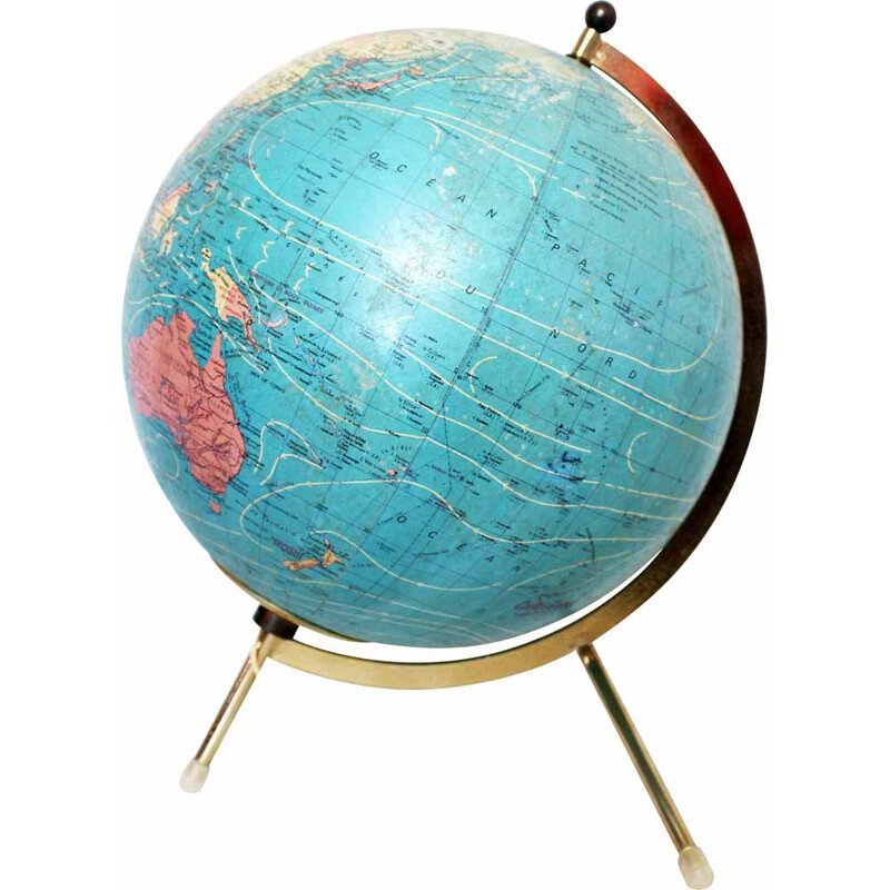 Vintage world map Taride in glass, paper and brass, 1960