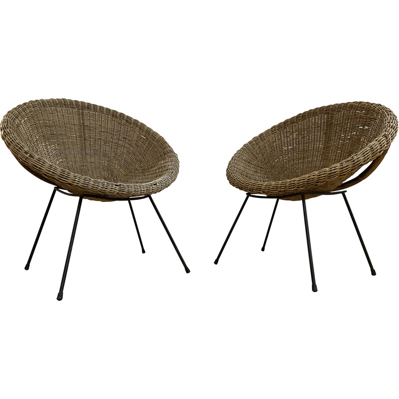 Pair of vintage rattan and bamboo armchairs, 1950