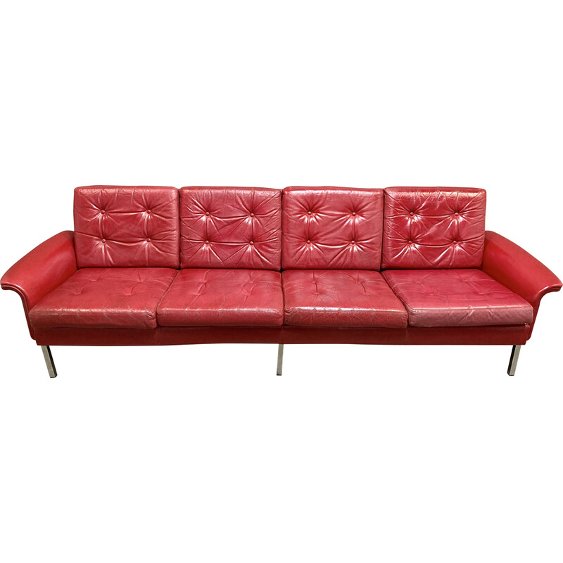 Vintage red leather sofa 4 seats, 1950