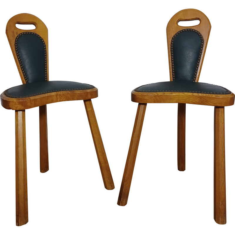 Pair of vintage Brutalist chairs in solid ashwood and green leather, 1950