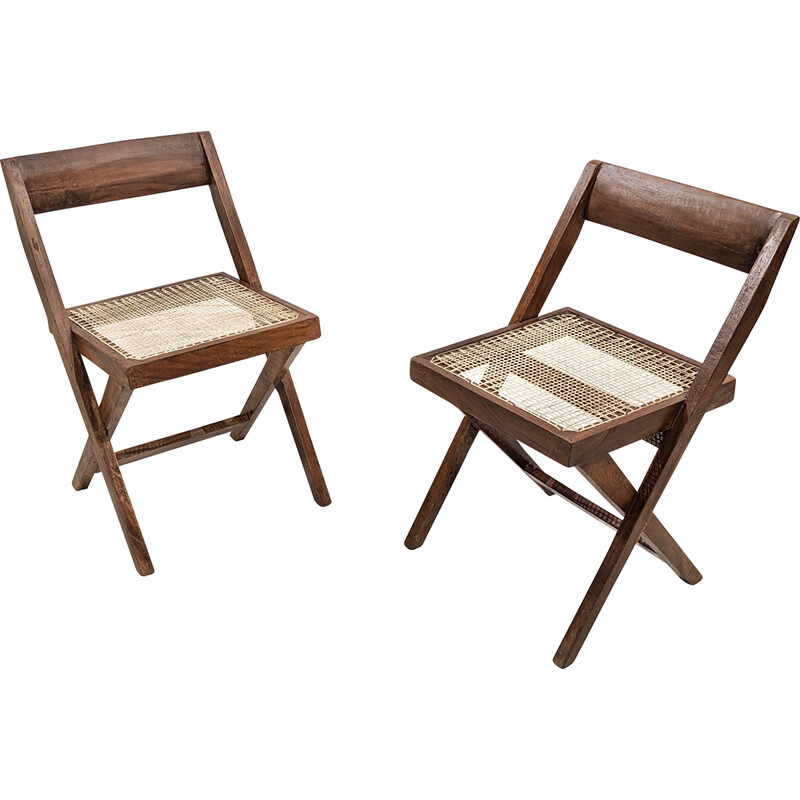 Par de sillas de teca y caña "Library" de Pierre Jeanneret, India 1960
