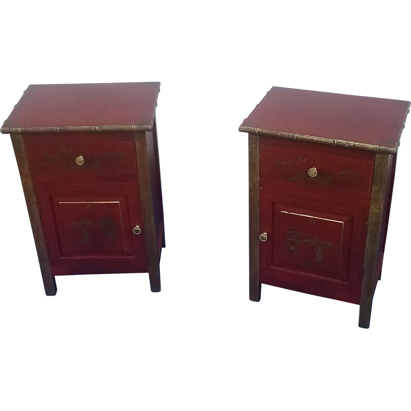 Pair of vintage night stands in red and brass