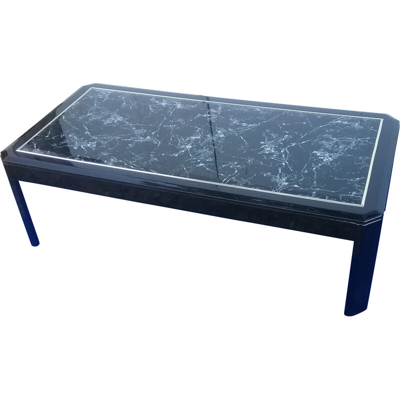 Vintage coffee table in black lacquered wood, glass and brass