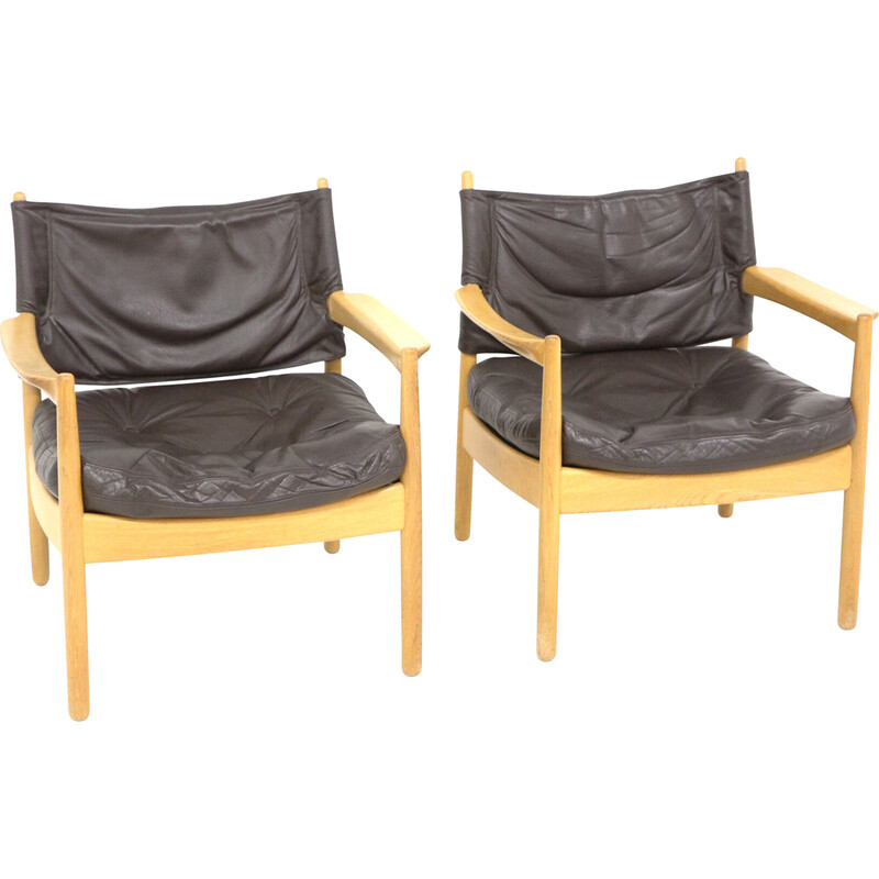 Paar vintage eiken en lederen fauteuils, Zweden 1960