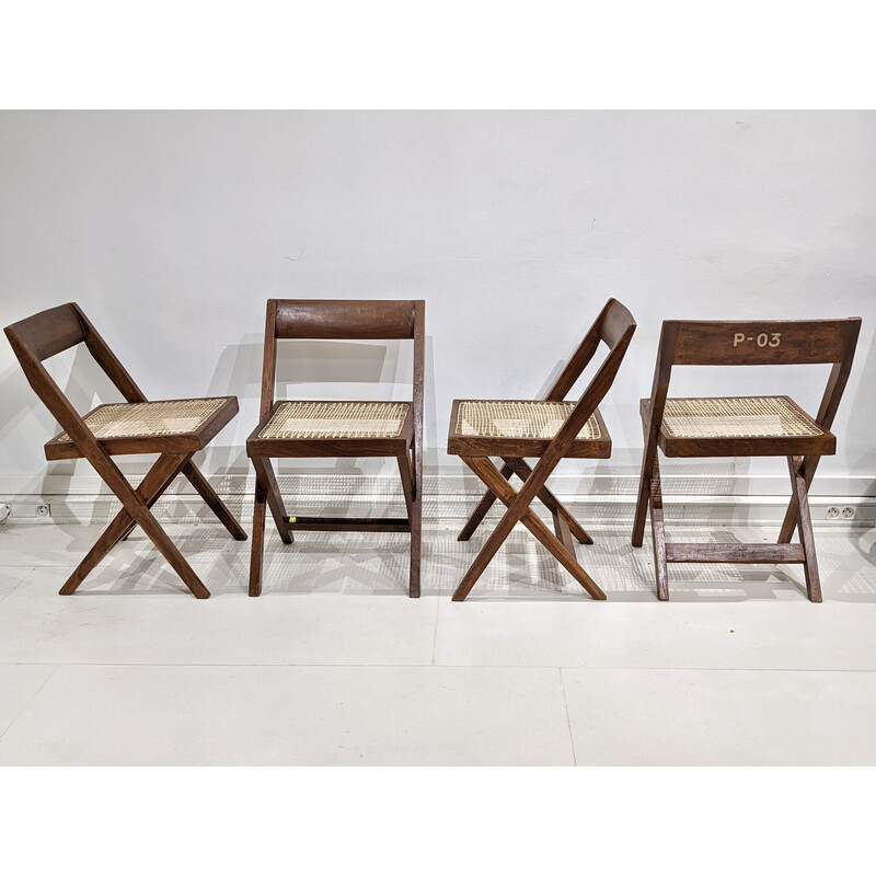 Juego de 4 sillas de teca y caña "Library" de Pierre Jeanneret, India 1960