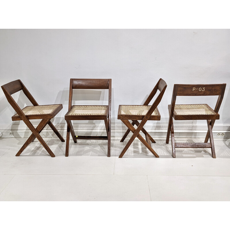 Set aus 4 Vintage-Stühlen "Library" aus Teakholz und Rohrgeflecht von Pierre Jeanneret, Indien 1960