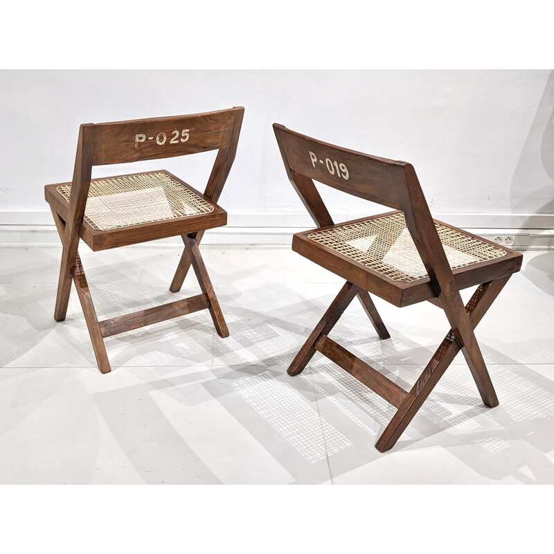 Set van 4 vintage teakhouten en rieten "Library" stoelen van Pierre Jeanneret, India 1960