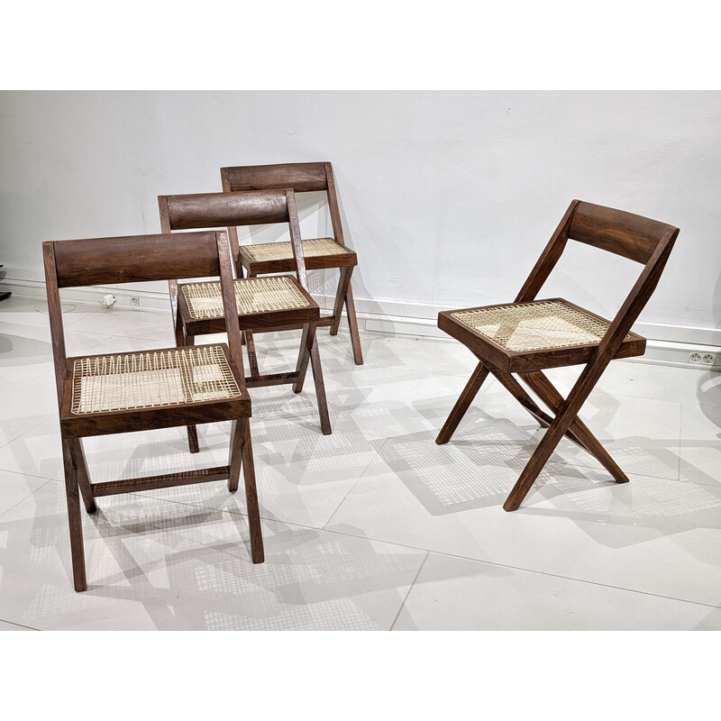 Set aus 4 Vintage-Stühlen "Library" aus Teakholz und Rohrgeflecht von Pierre Jeanneret, Indien 1960