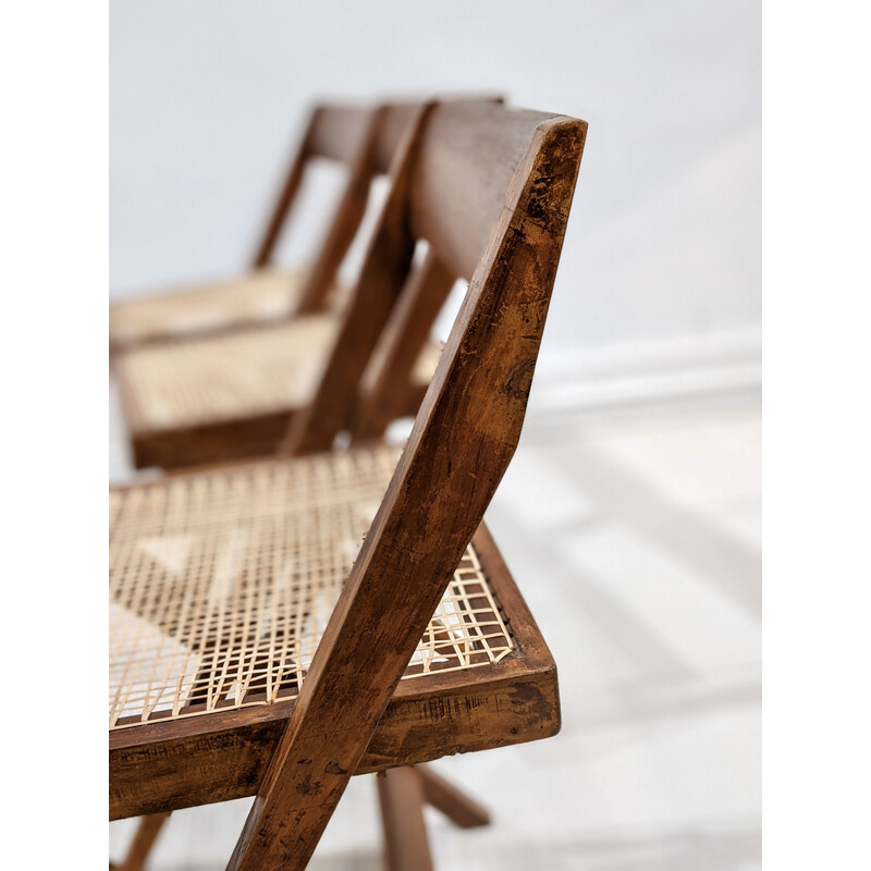 Set of 4 vintage "Library" chairs in teak and cane by Pierre Jeanneret, India 1960s