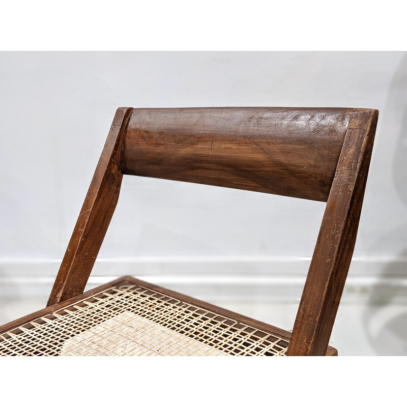 Set of 4 vintage "Library" chairs in teak and cane by Pierre Jeanneret, India 1960s