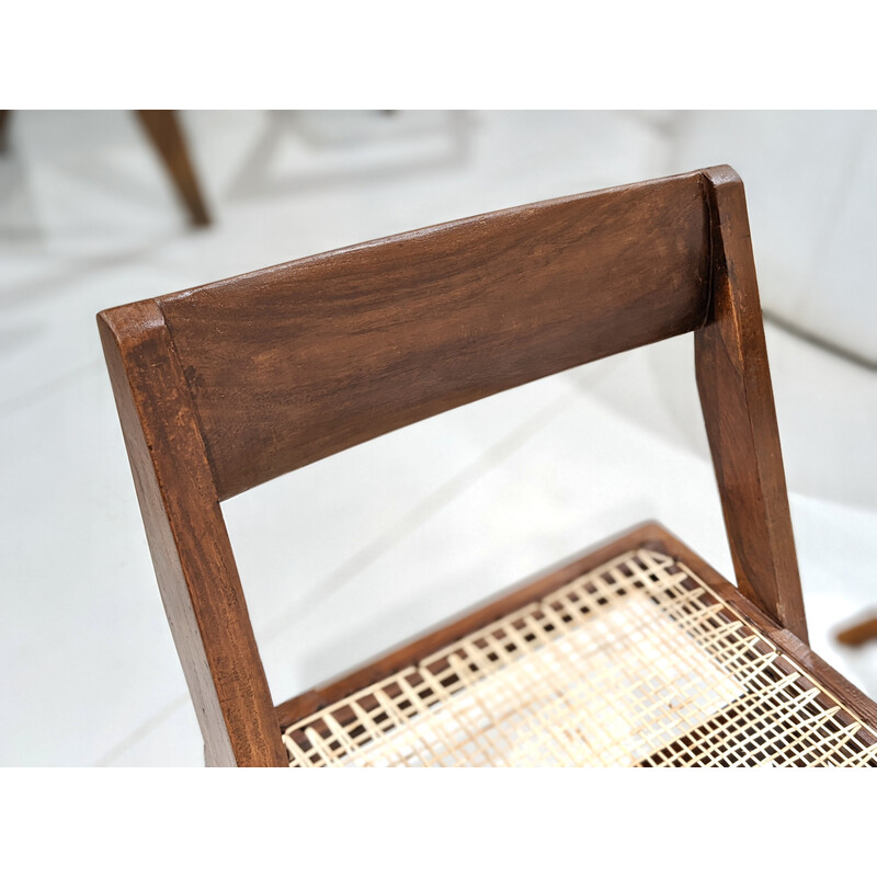 Set di 4 sedie vintage "Library" in teak e canna di Pierre Jeanneret, India 1960