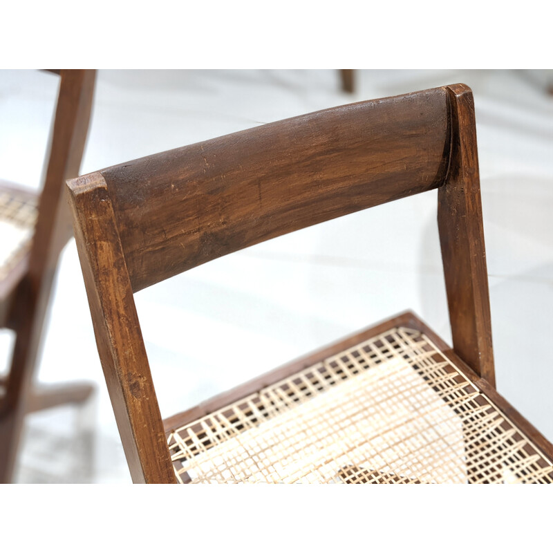 Set of 4 vintage "Library" chairs in teak and cane by Pierre Jeanneret, India 1960s