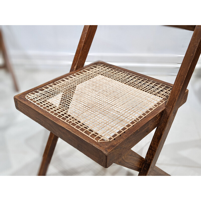 Set of 4 vintage "Library" chairs in teak and cane by Pierre Jeanneret, India 1960s