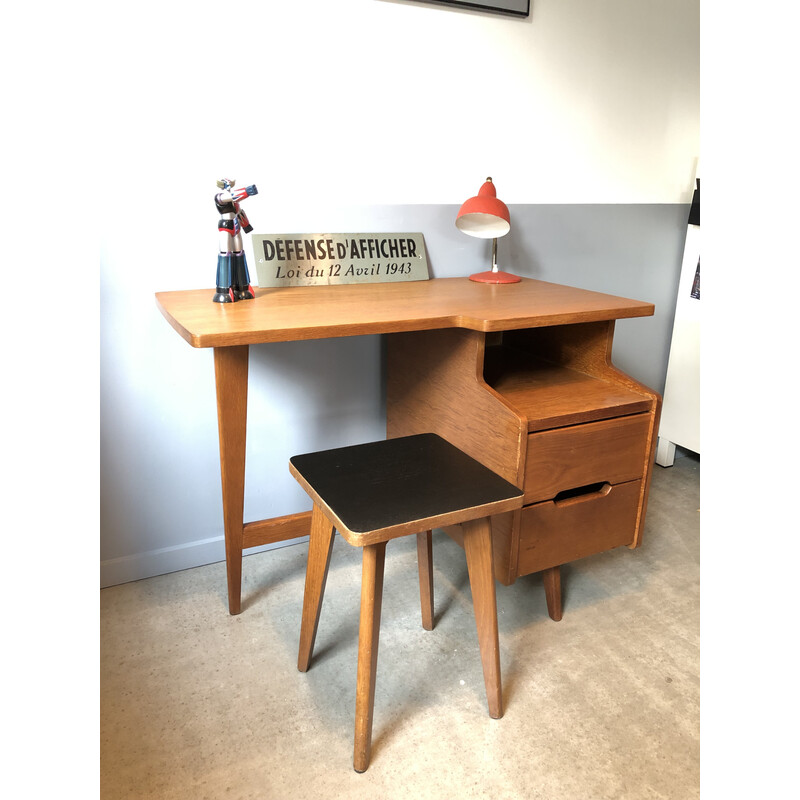 Vintage desk with stool by Jacques Hauville, 1960s