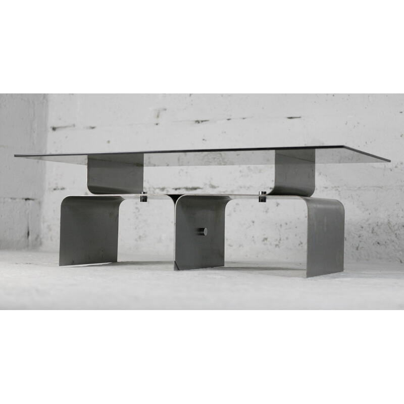 Tavolino vintage in acciaio e vetro fumé di François Monnet per Kappa, Francia 1970