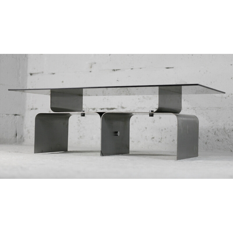 Vintage coffee table in steel and smoked glass by François Monnet for Kappa, France 1970s